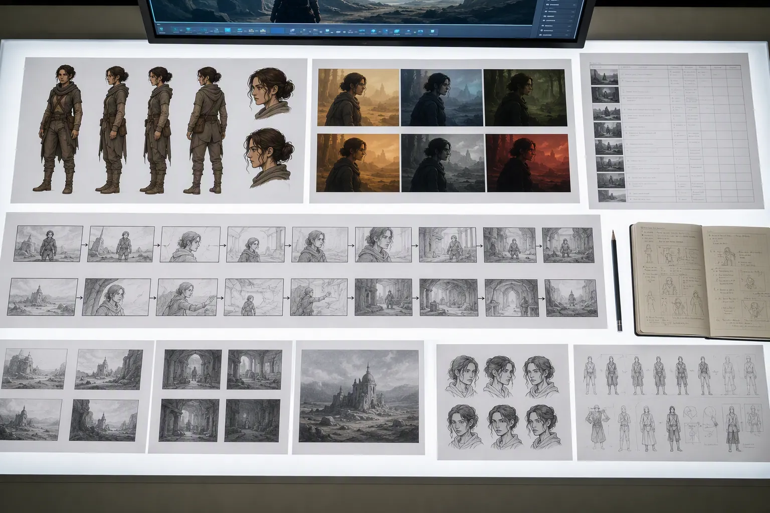 Pre-production materials including character sheets, style tests, storyboard panels and a shot list