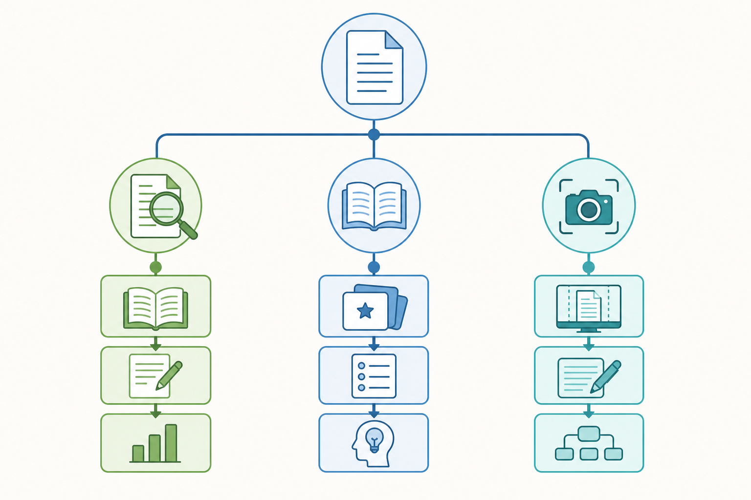 Branching decision flowchart from a document icon splitting into a selectable-text path and a scanned-image path, each flowing into a distinct downstream process.