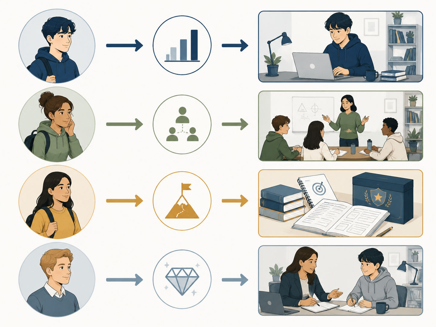 Decision framework connecting four student profiles to self-paced study, live class prep, guarantee-focused prep, and private tutoring