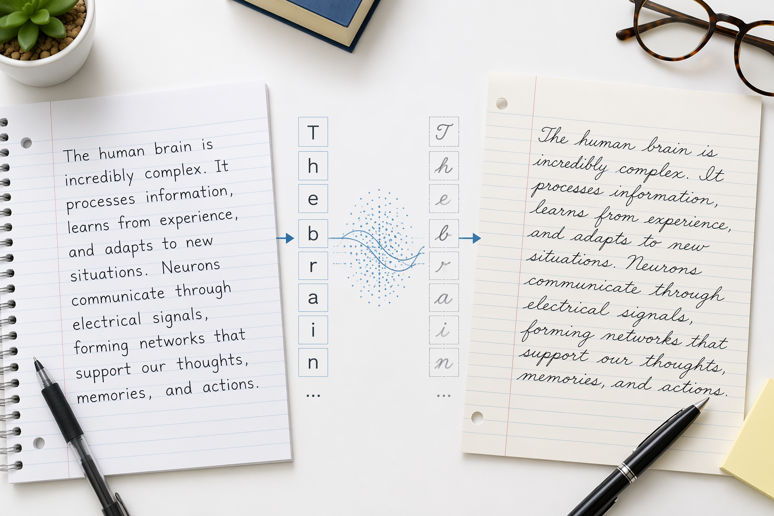 Two handwritten note samples showing neat printed handwriting beside flowing cursive handwriting