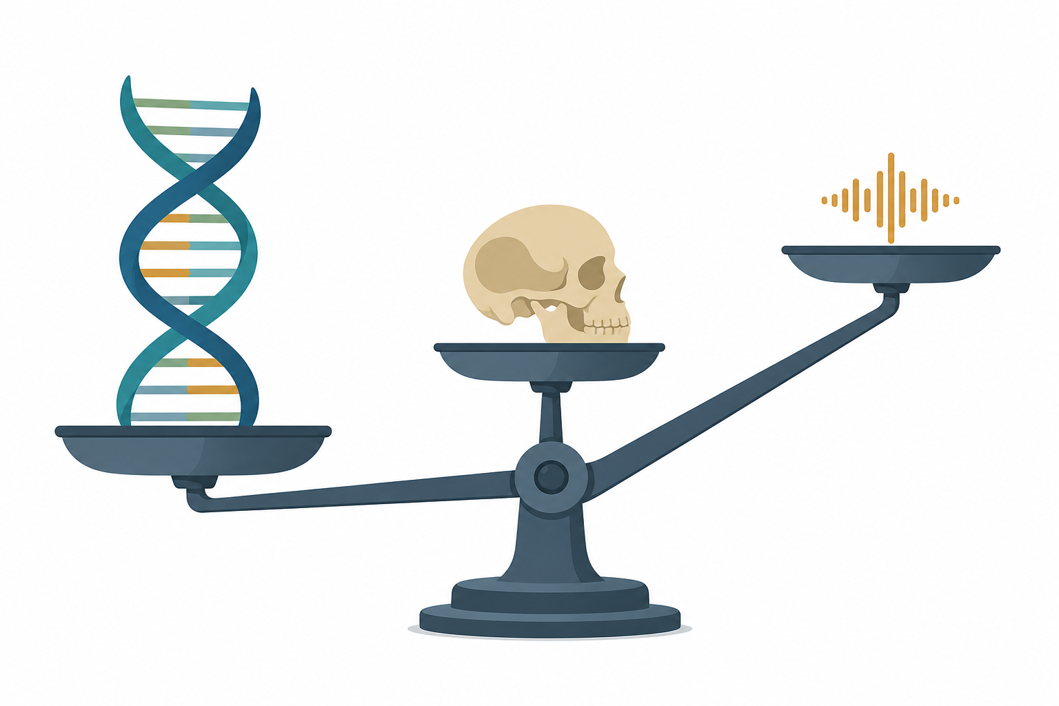 Balance scale showing DNA evidence weighing more heavily than skull morphology and sound wave evidence