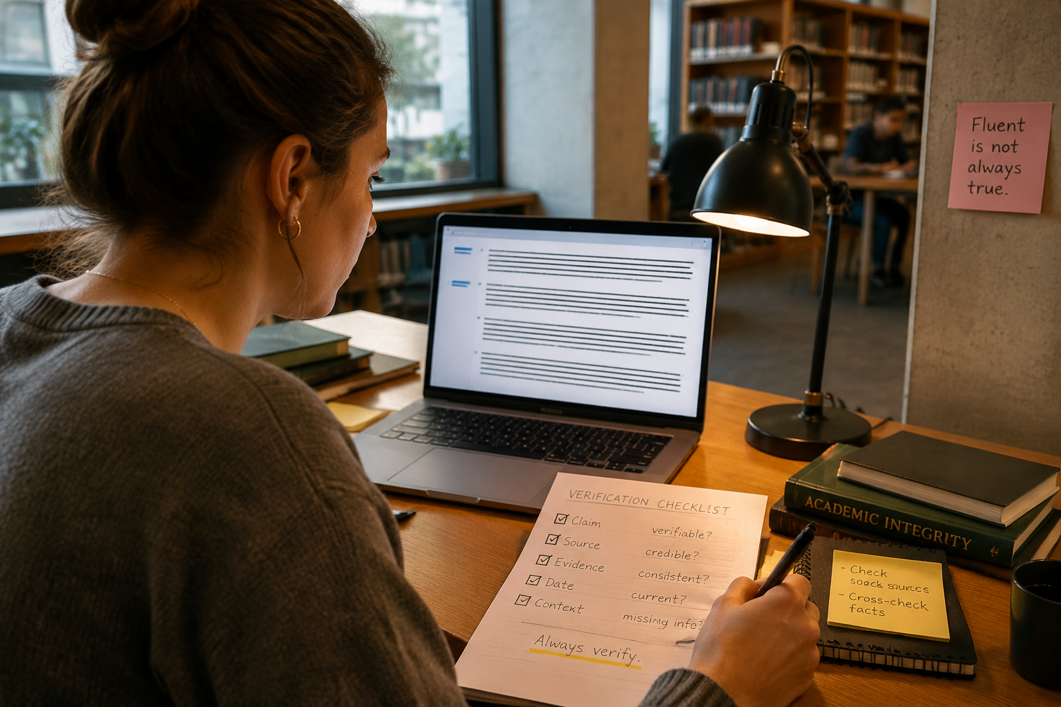 Student verifying AI-generated text with a paper checklist in a library