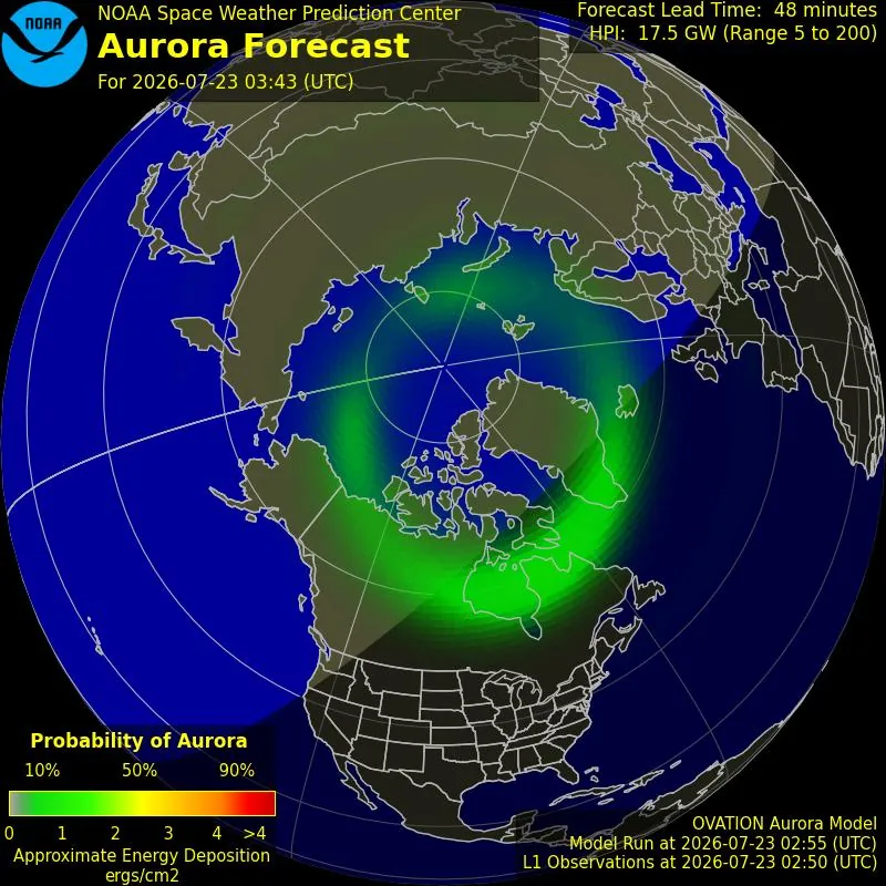 NOAA OVATION 30-minute aurora forecast map for the Northern Hemisphere