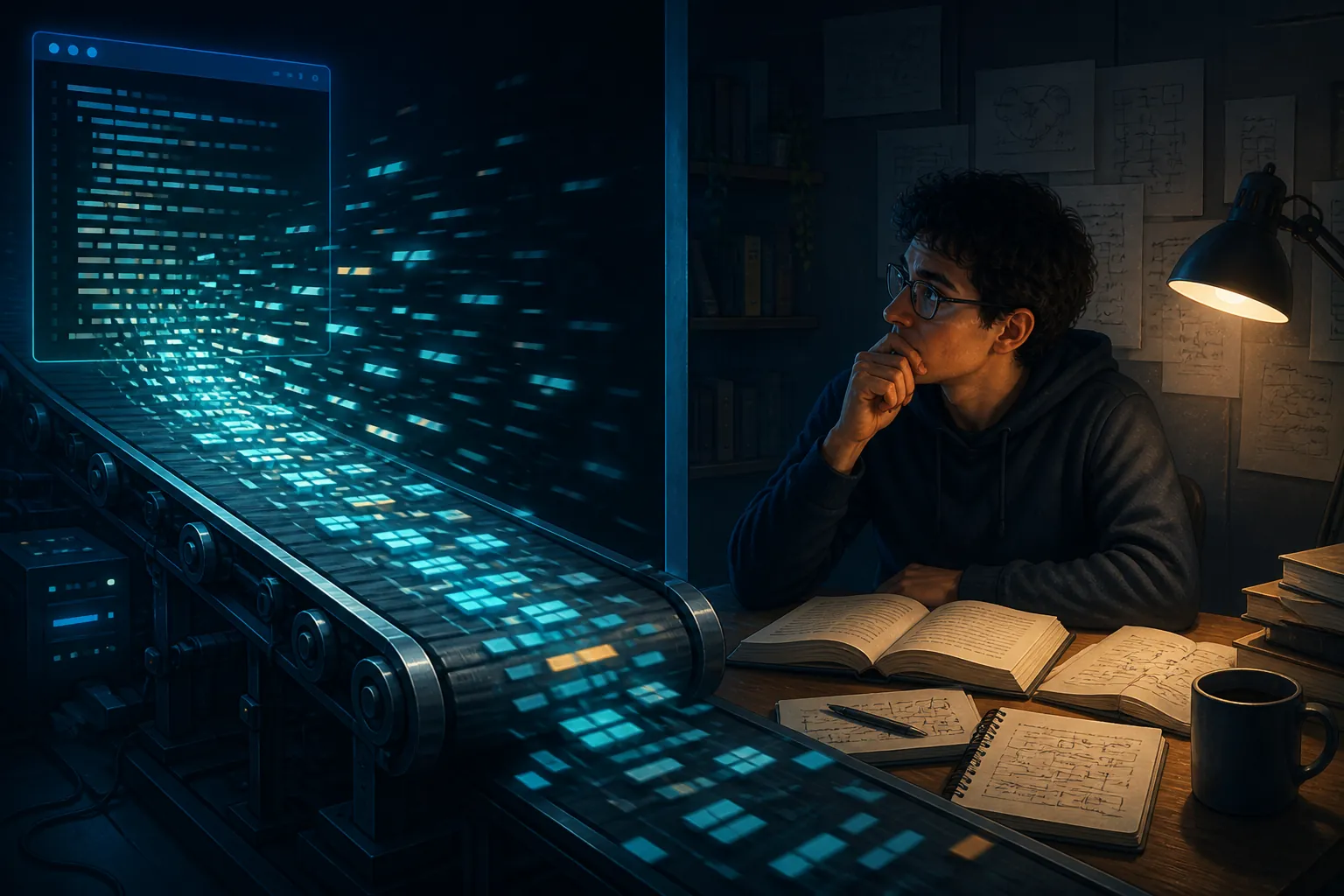A terminal producing code quickly beside a learner studying with programming books and handwritten notes