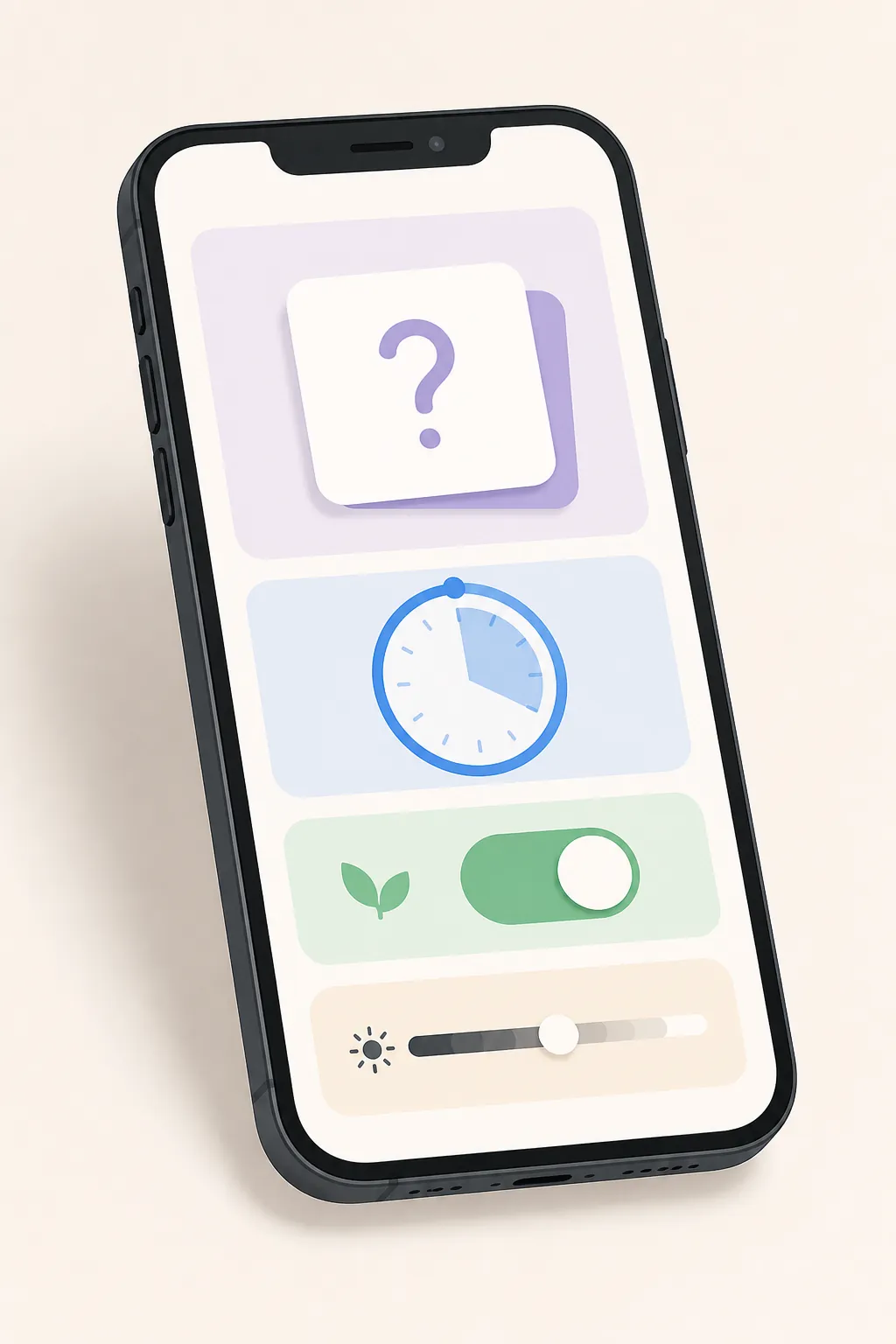 A phone screen with study icons for flashcards, a timer, focus mode, and grayscale controls
