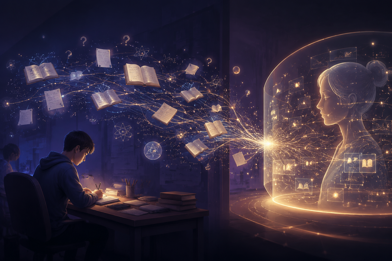 A student's learning journey shown as glowing notes, books, equations, and questions flowing into an AI interface
