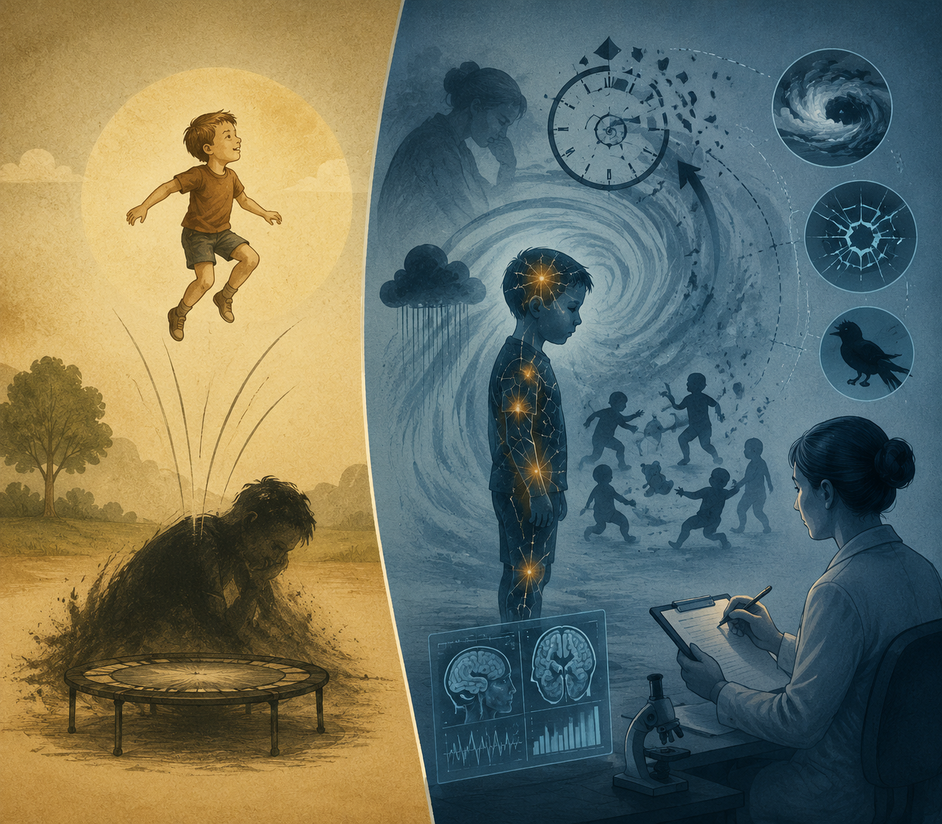 Split illustration contrasting the old bounce-back belief with documented childhood PTSD symptoms