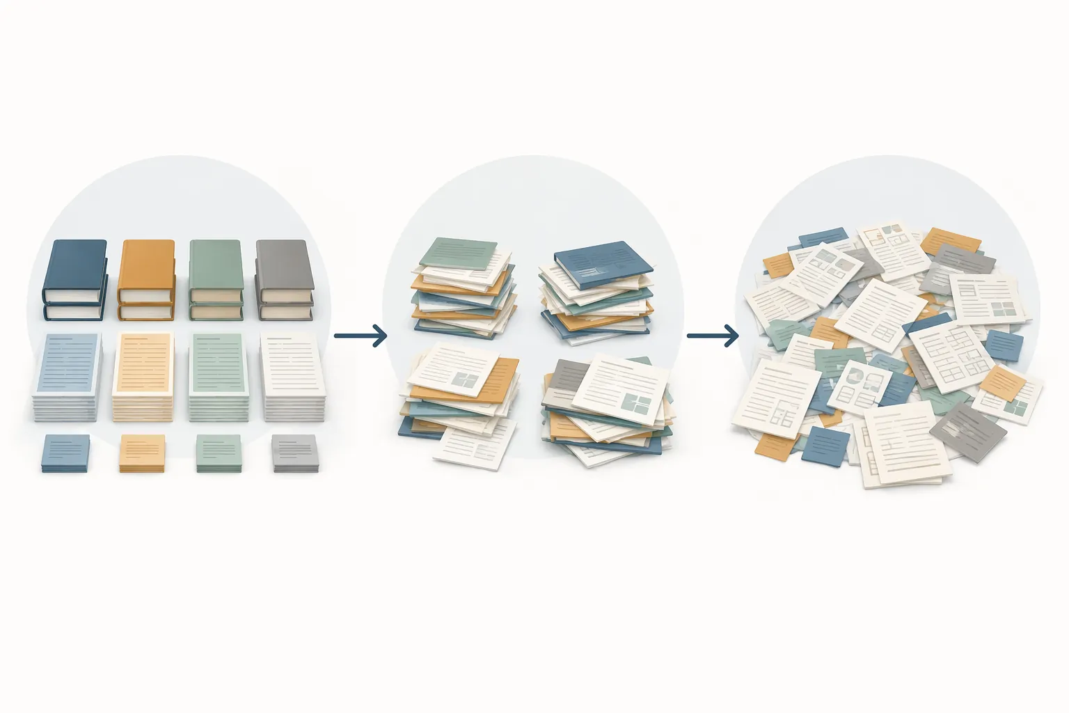 Three stages of practice moving from color-coded piles to partially mixed stacks to fully shuffled papers