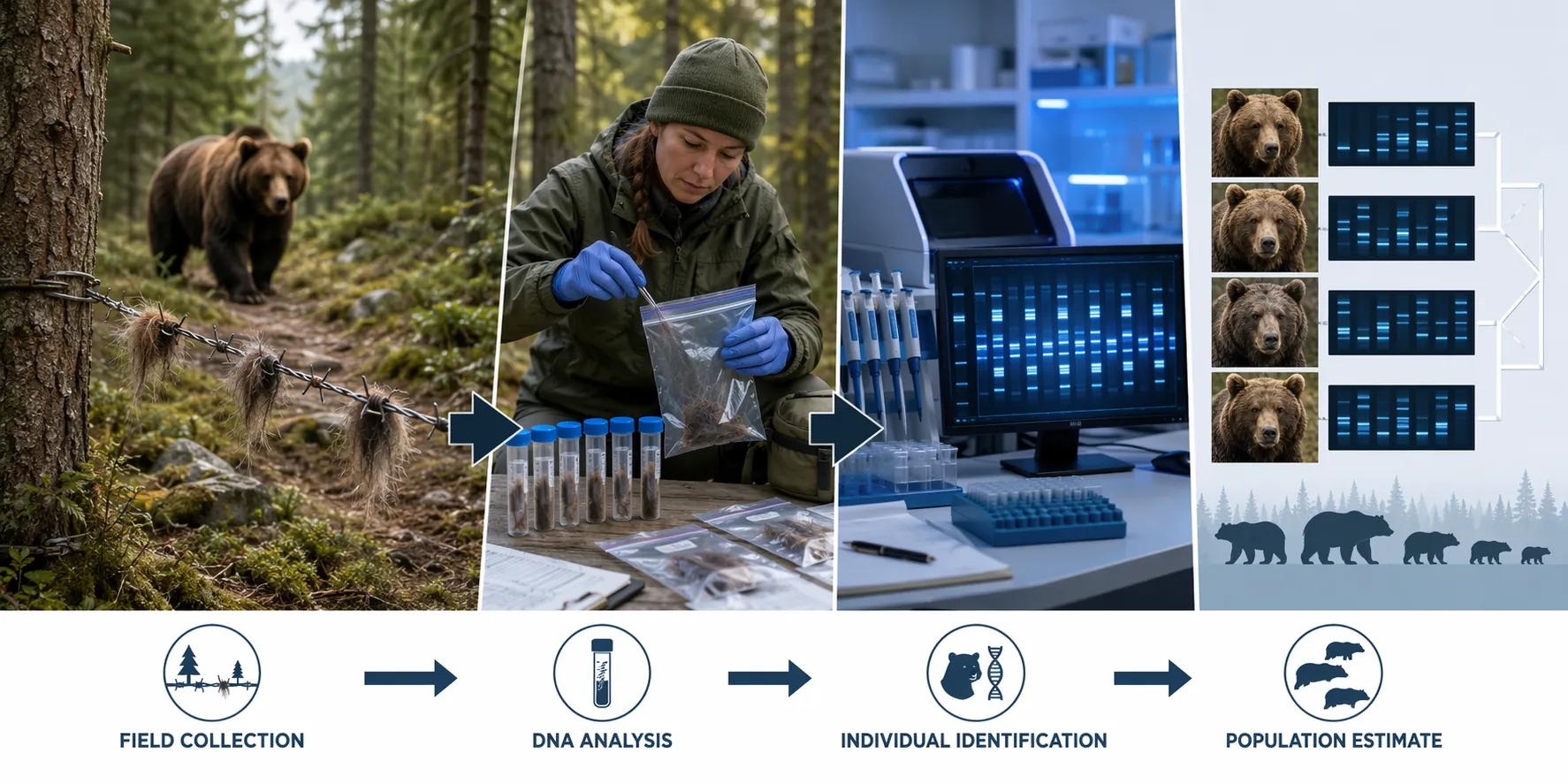 Workflow from hair snag collection in the field to labeled samples and DNA profiles used for mark-recapture estimation