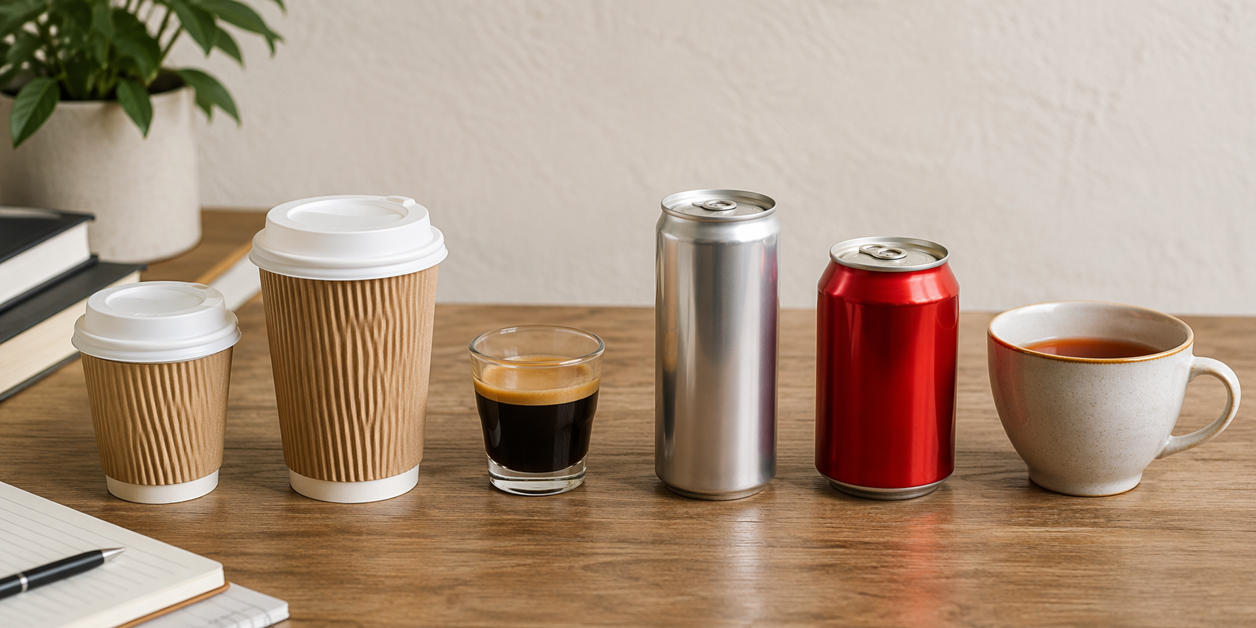 Common student beverages including coffee, espresso, energy drink, soda, and tea arranged on a study table