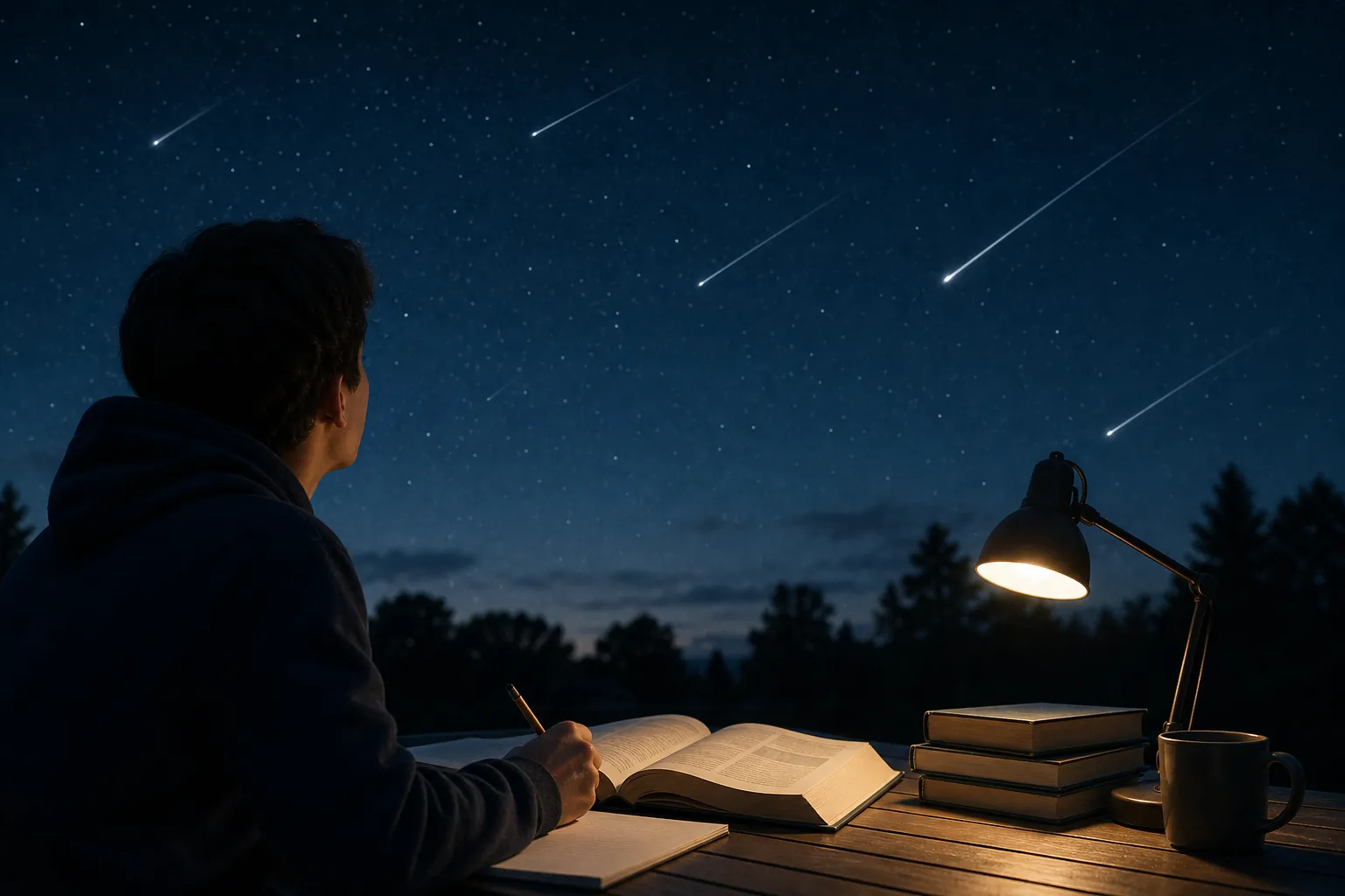 Student studying outdoors under a dark sky with Perseid meteors overhead