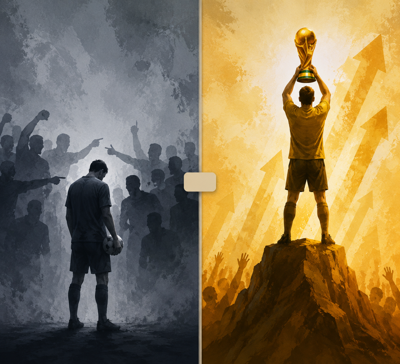 A split scene showing a lone figure facing boos and later standing with a trophy