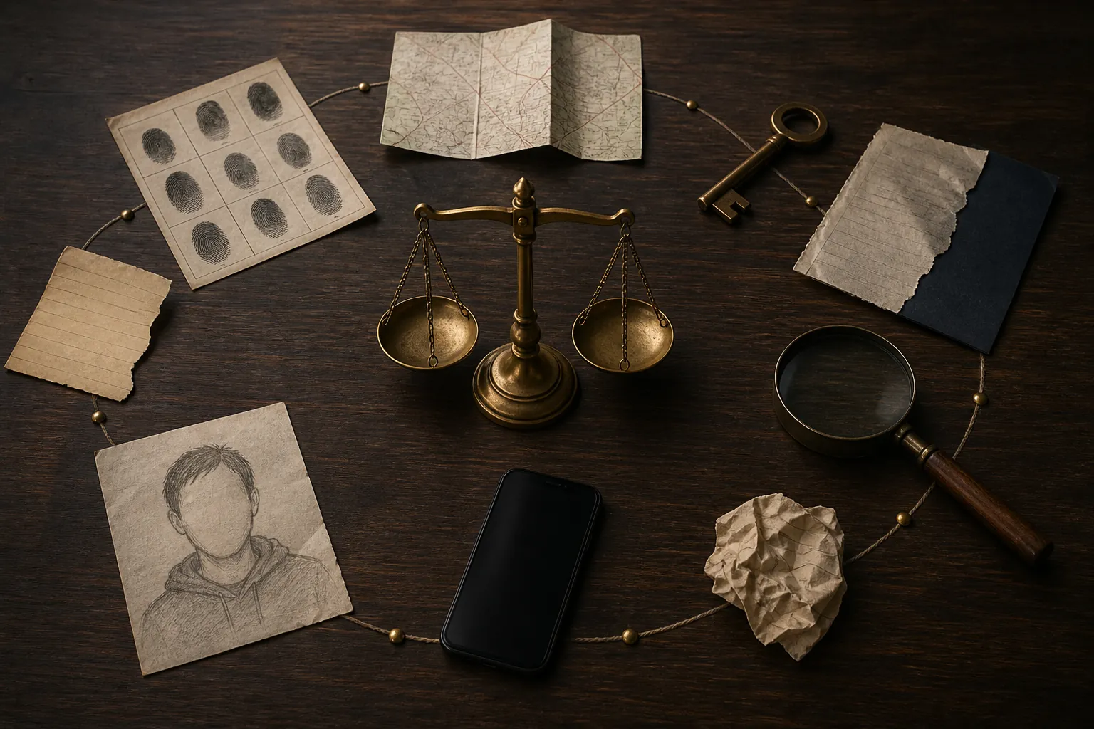 Evidentiary items arranged around a balanced scale to suggest totality of the circumstances