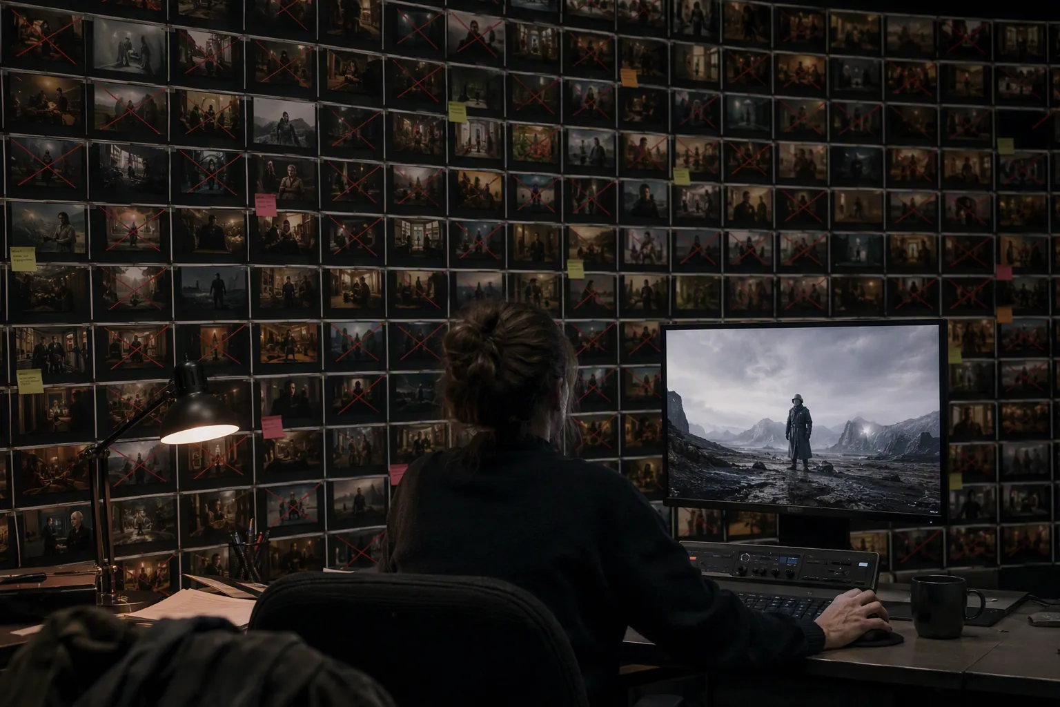 Editor reviewing a wall of AI-generated frames marked with rejection and correction notes