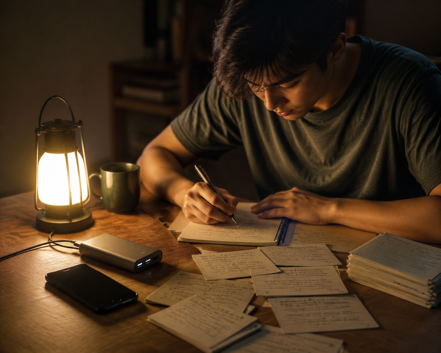 Student reviewing handwritten flashcards and paper notes by lantern light with a power bank nearby