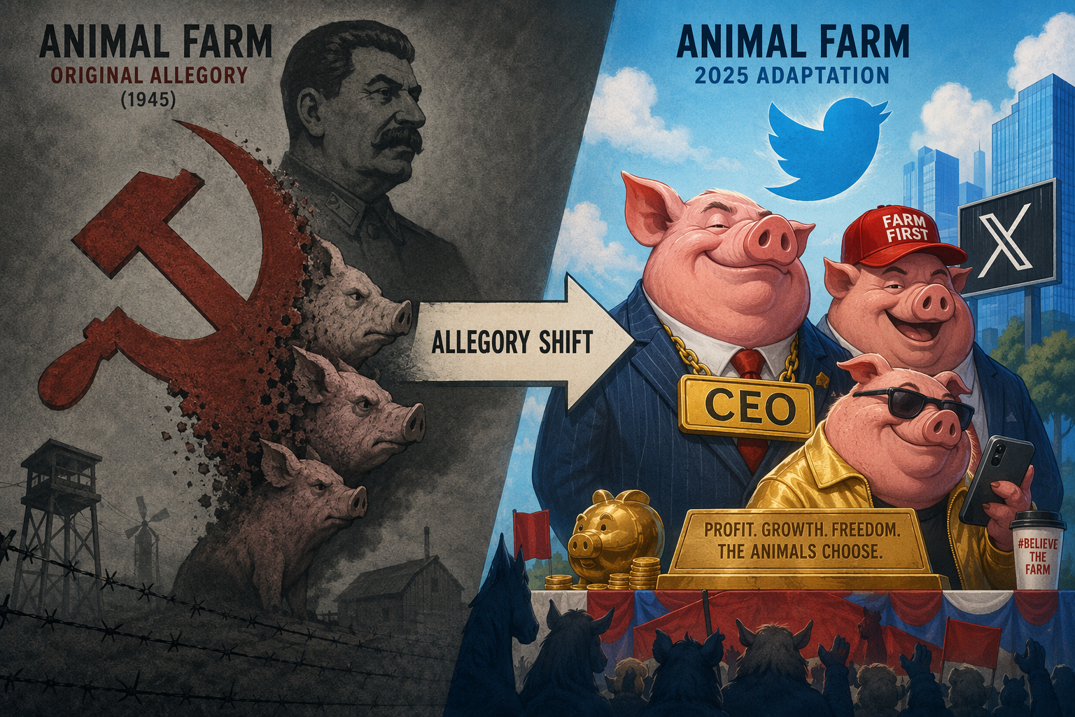 Pig silhouettes shifting from Soviet-style imagery to cartoon corporate and populist imagery