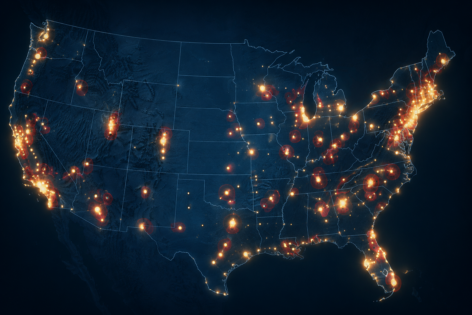 Stylized United States map showing the 100 largest cities and clusters of anti-homelessness ordinances