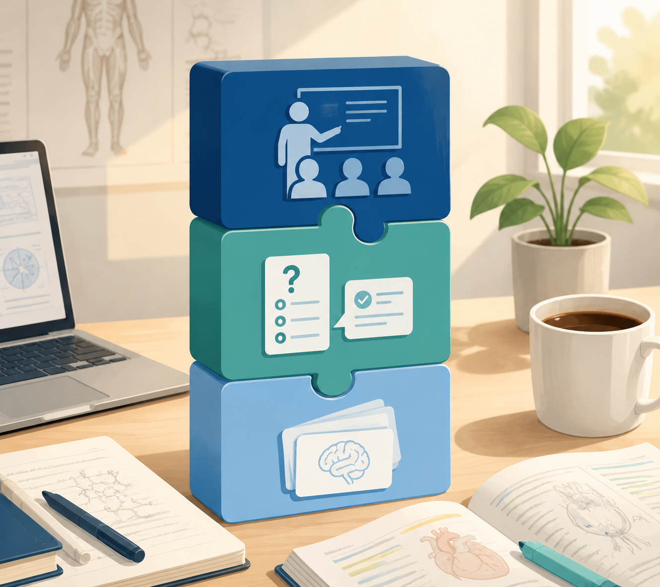 Interlocking MCAT course, question bank, and flashcard app blocks on a study desk