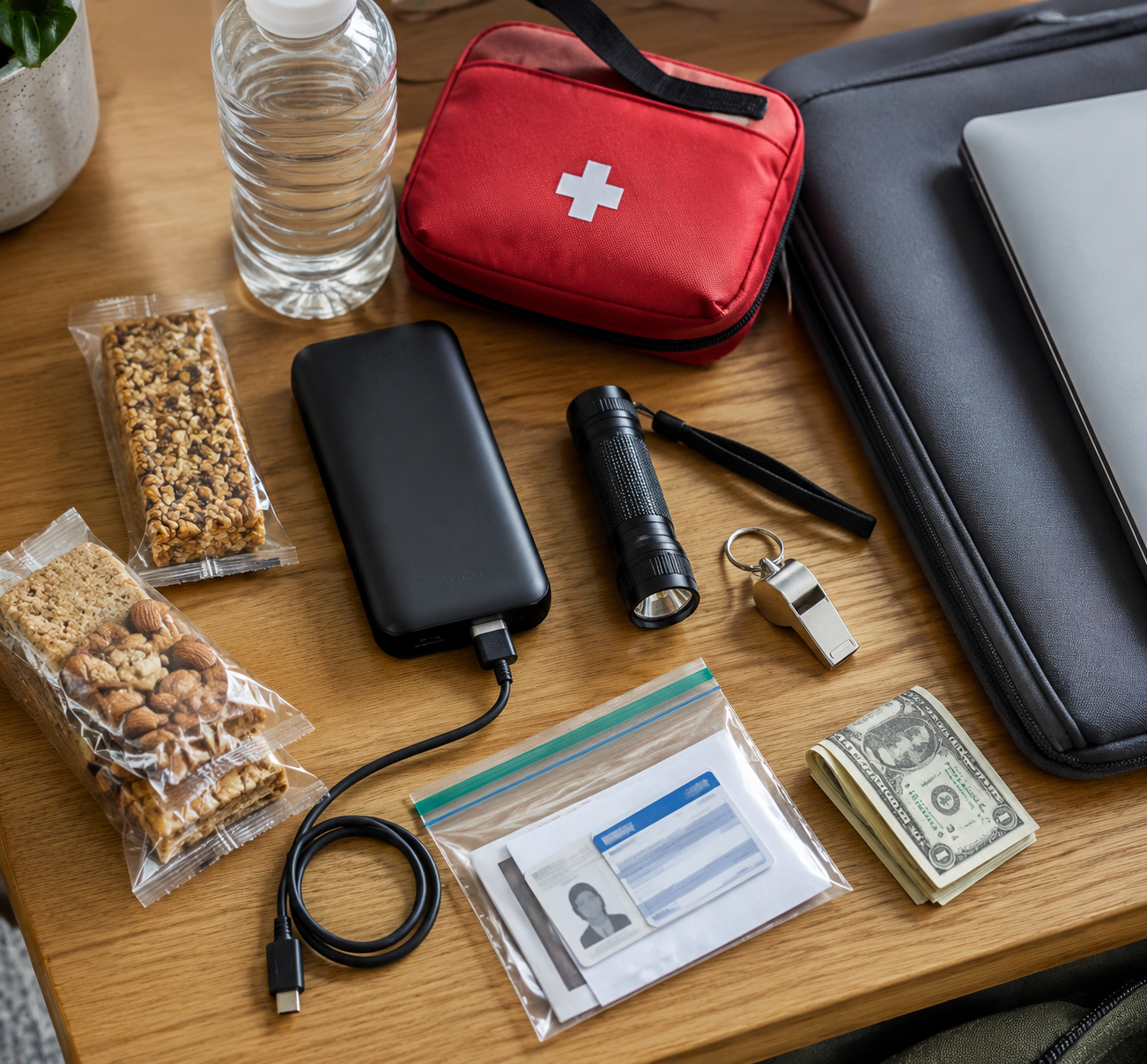 Student emergency items on a desk including a power bank, flashlight, whistle, first-aid kit, snacks, water, ID copies, cash, and laptop sleeve