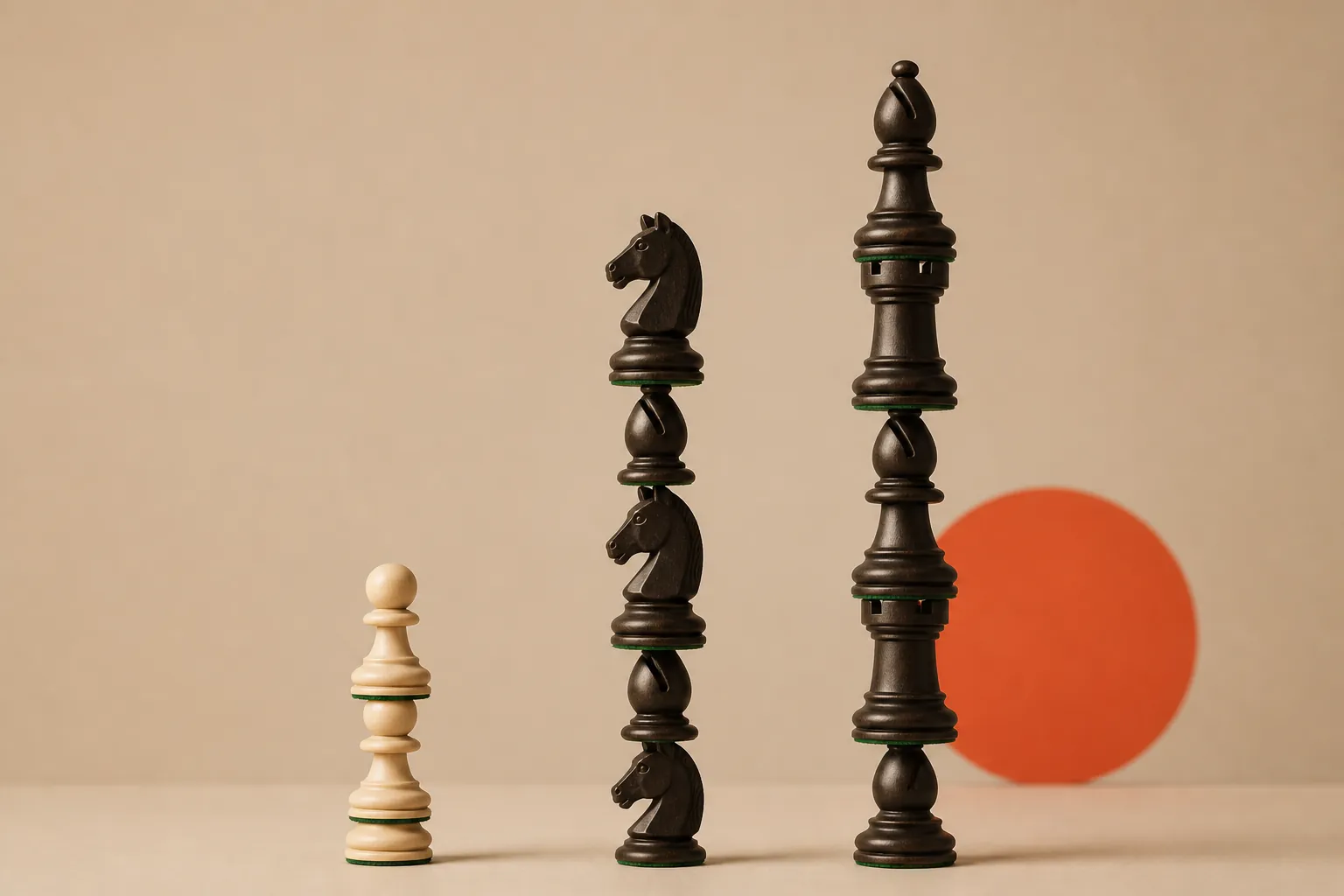 Three stacks of chess pieces of increasing height representing different study returns