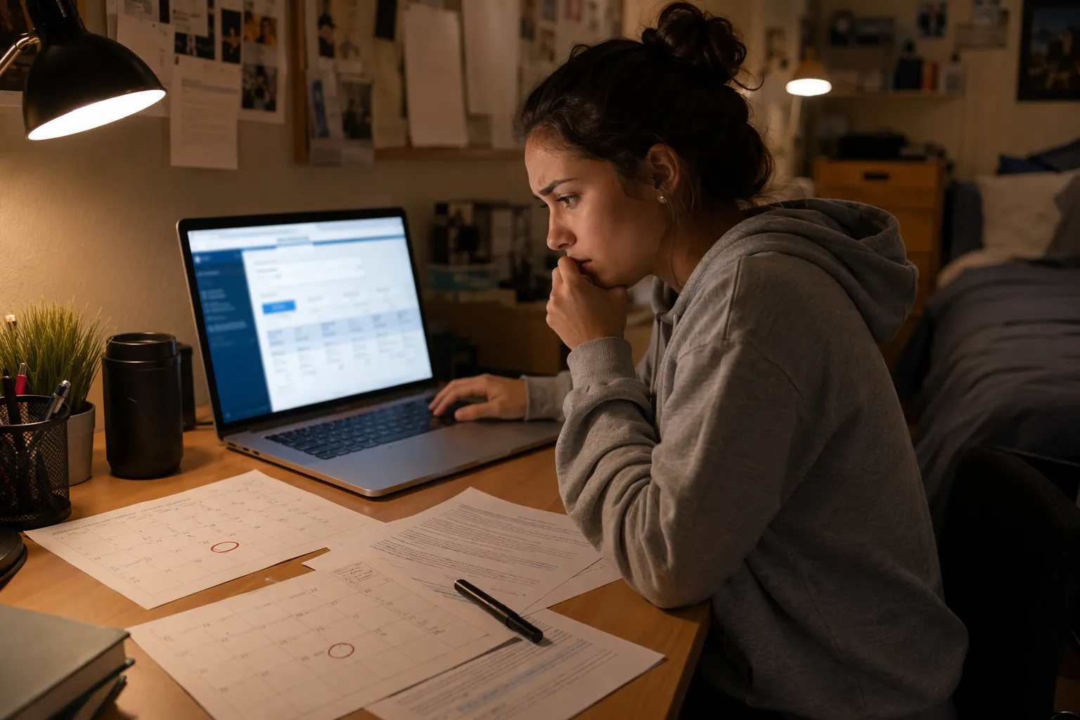 College student reviewing a laptop, calendar, printed emails, and circled deadline dates