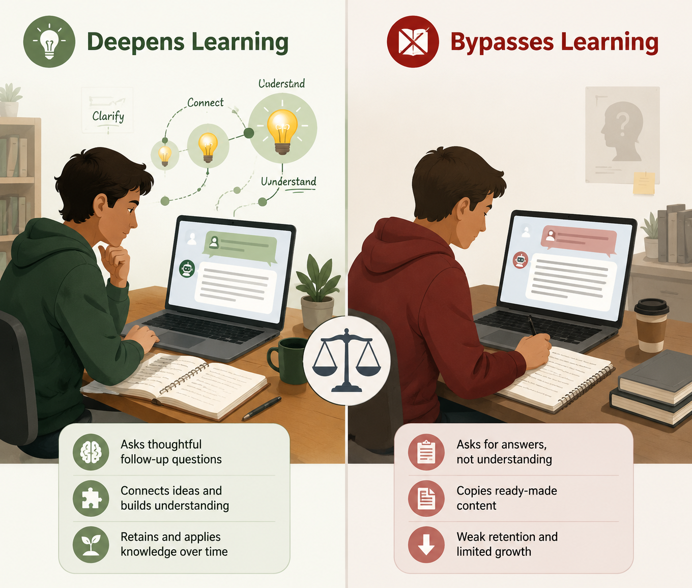 A split illustration of an AI chatbot deepening learning on one side and replacing student work on the other