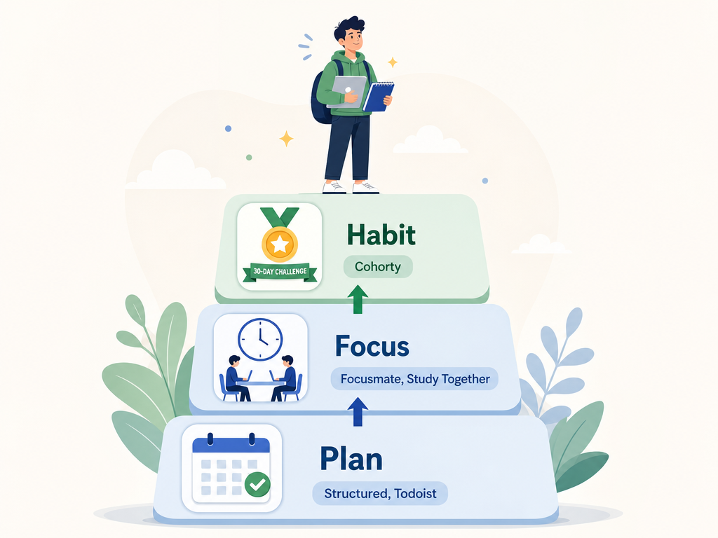 A pyramid illustration showing three stacked app icons: a calendar for planning at the bottom, a clock with silhouettes for focus in the middle, and a medal for habit at the top.