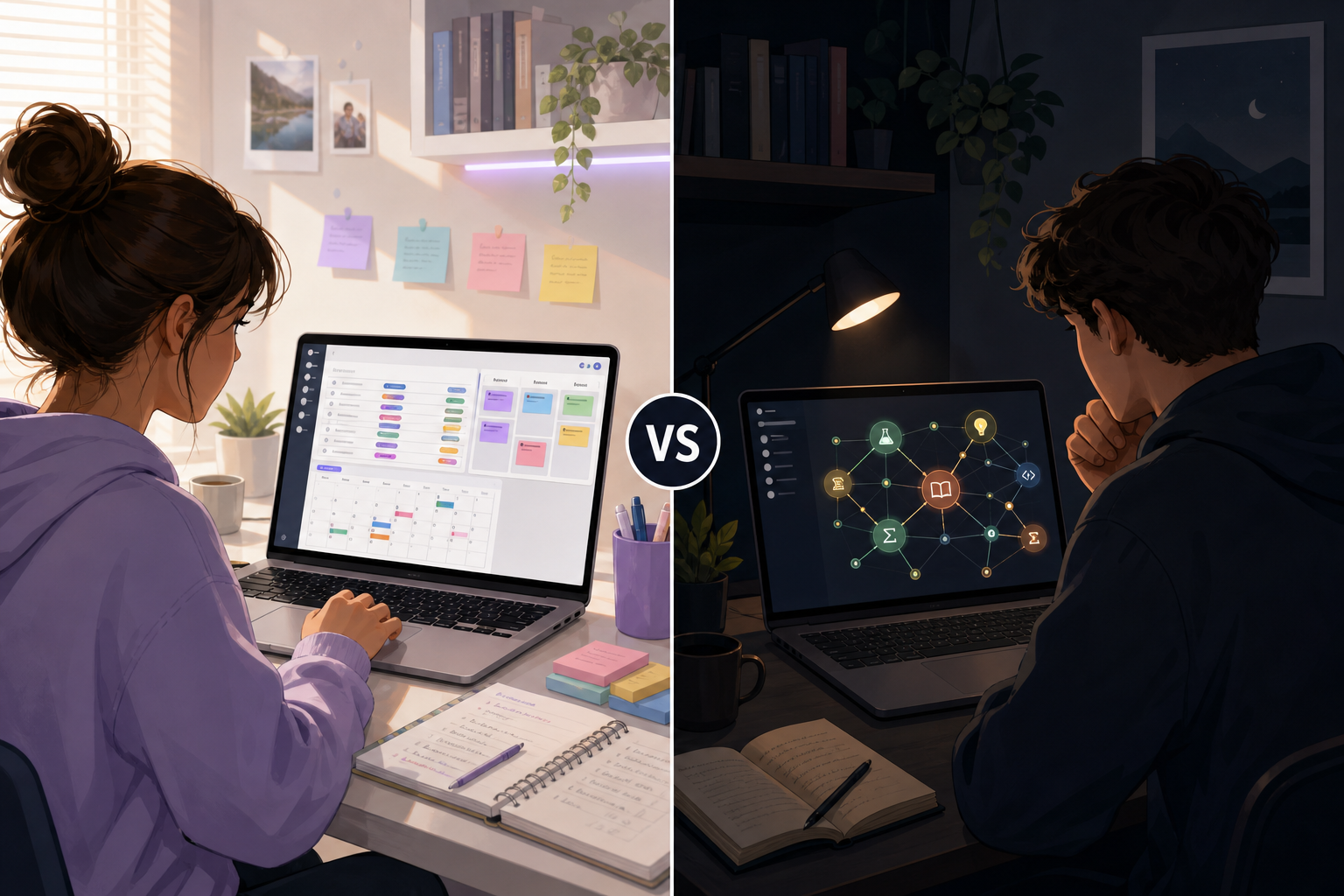 Split illustration showing a student using Notion's colorful database interface on the left and a student using Obsidian's dark-mode graph view on the right