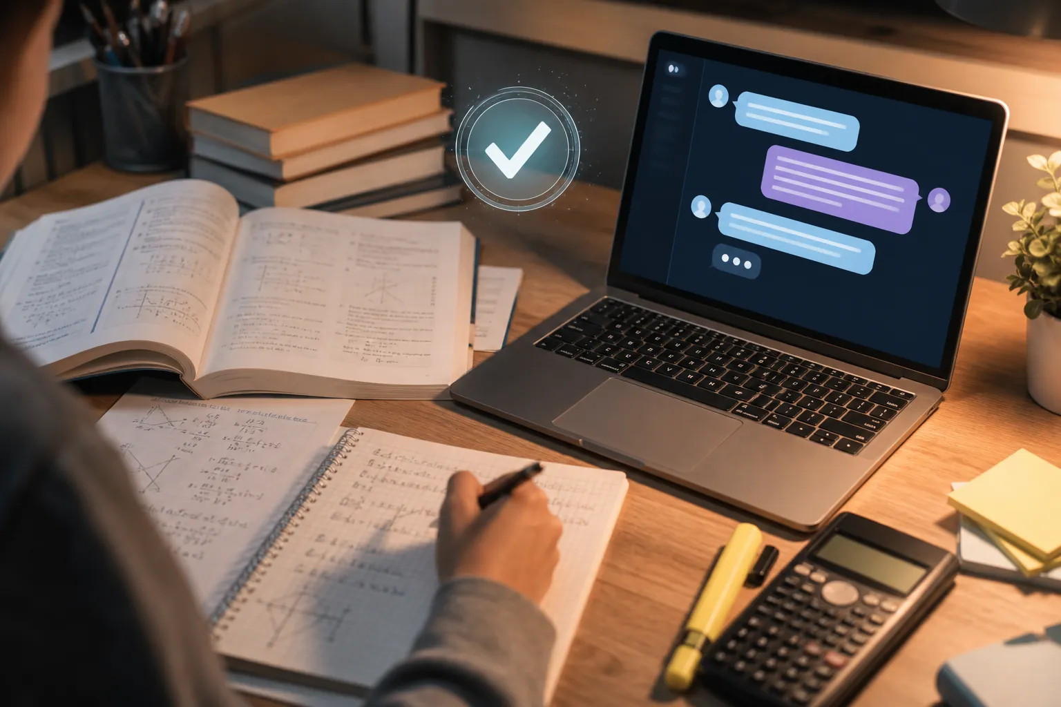 Student study desk with test-prep books, practice sheets, and a laptop showing AI answer bubbles with a verification checkmark