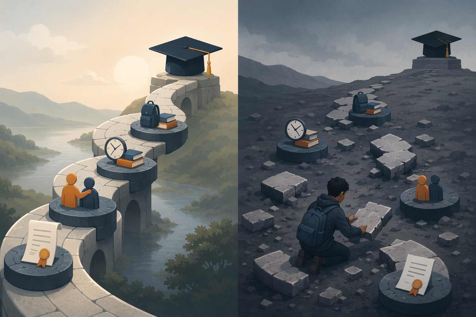 Side-by-side illustration of a connected student support pipeline compared with a broken pathway a student must navigate alone