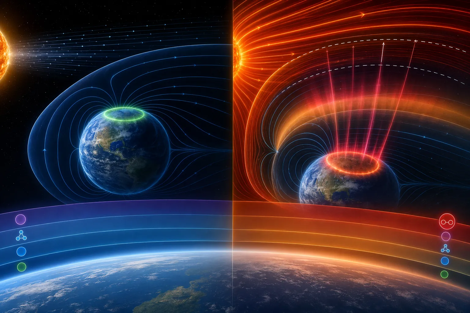 Illustration comparing normal solar wind with dense solar wind compressing the magnetosphere and expanding the auroral oval equatorward