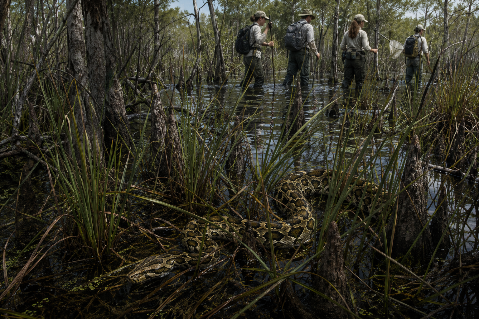 A conceptual editorial illustration of a Burmese python nearly invisible among dense Everglades swamp vegetation while a small research team searches nearby.