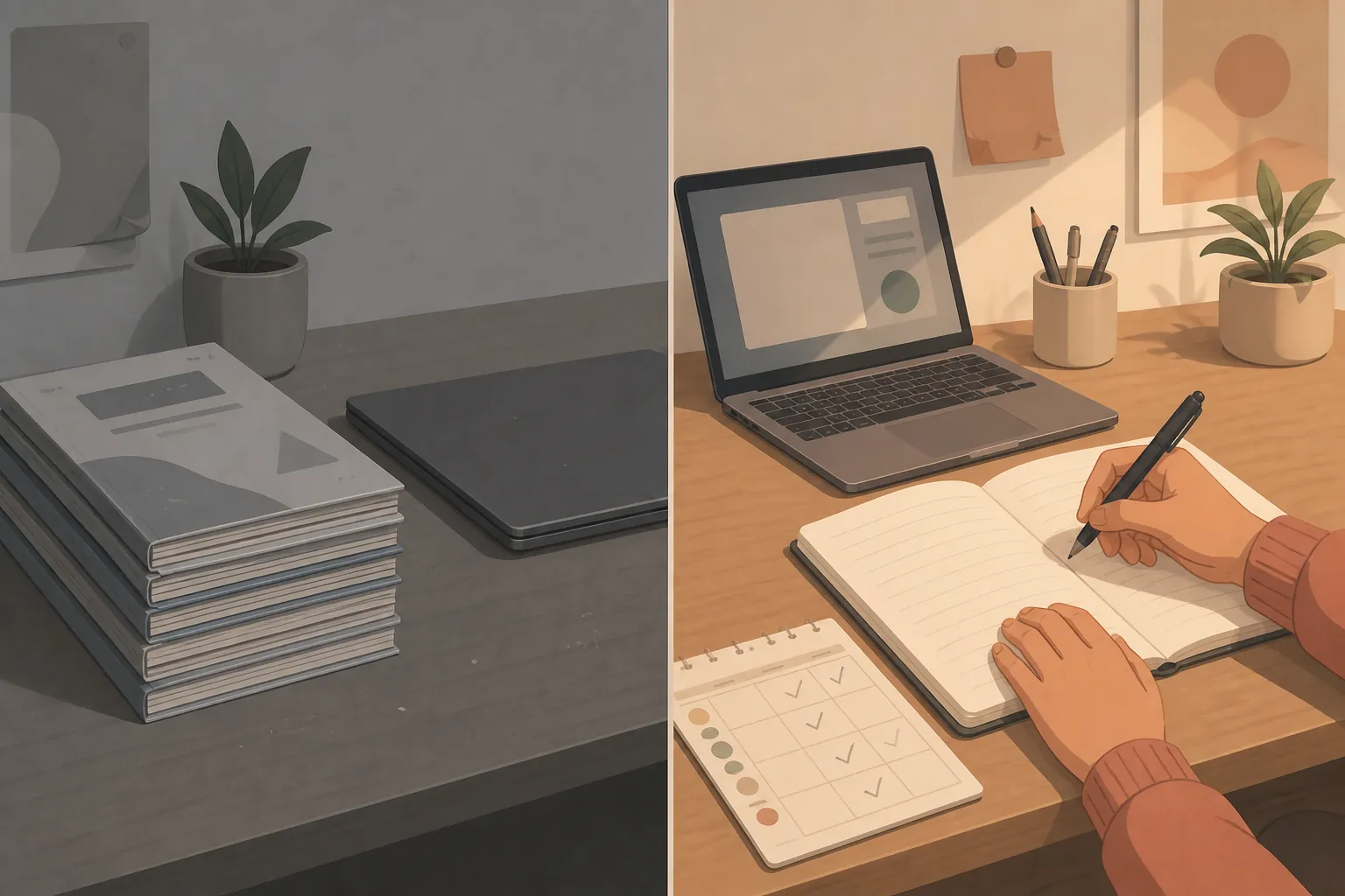 A split scene showing unused practice materials on one side and active studying with a weekly planner on the other