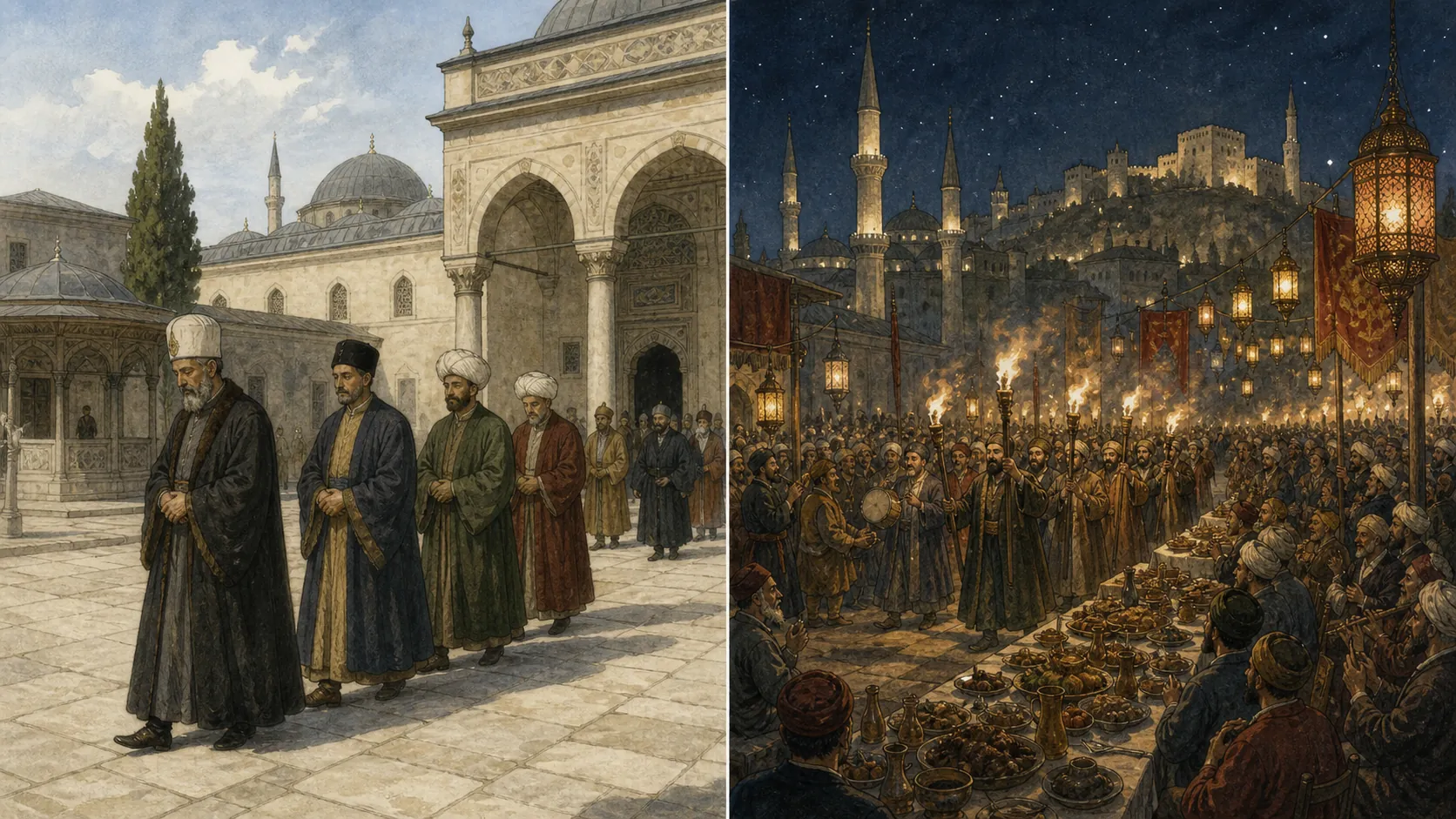 A comparison of a modest Fatimid court procession and a large torchlit public festival at medieval Erbil