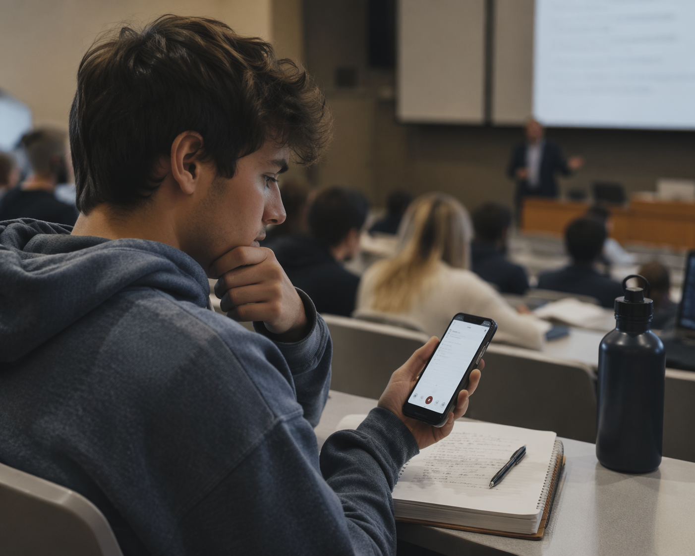 A college student deciding whether to record a lecture with a note-taking app
