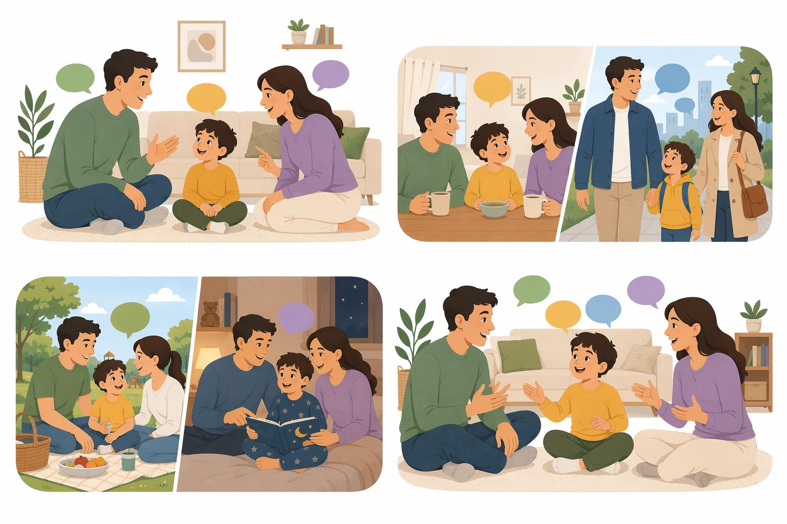 Four family scenes showing OPOL, Minority Language at Home, Time and Place, and mixed bilingual approaches