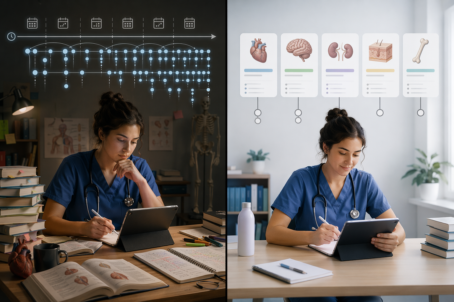 Split-screen illustration comparing Anki-style cumulative spaced repetition with Quizlet-style organized course review