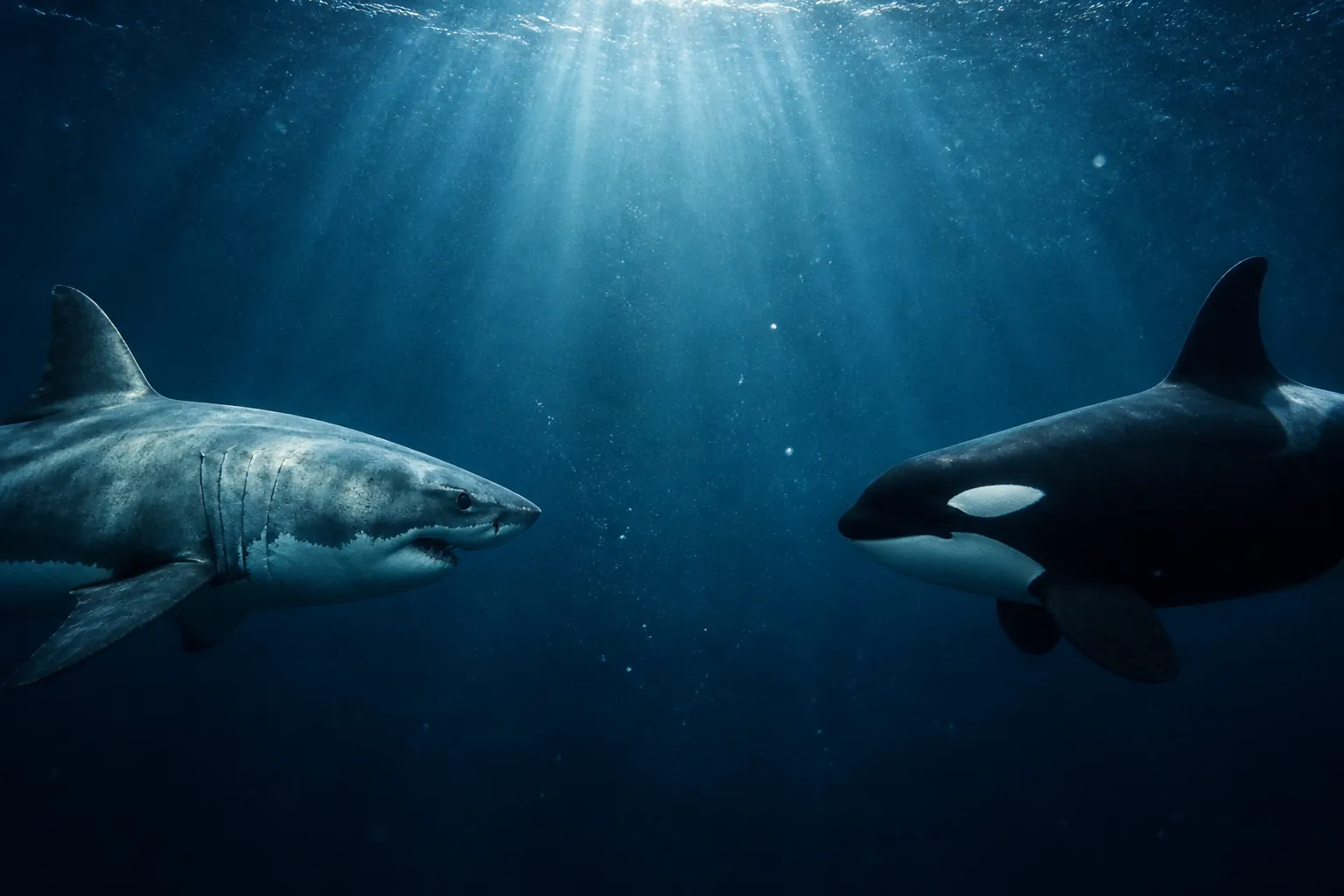 Great white shark and orca facing each other in dark blue open water