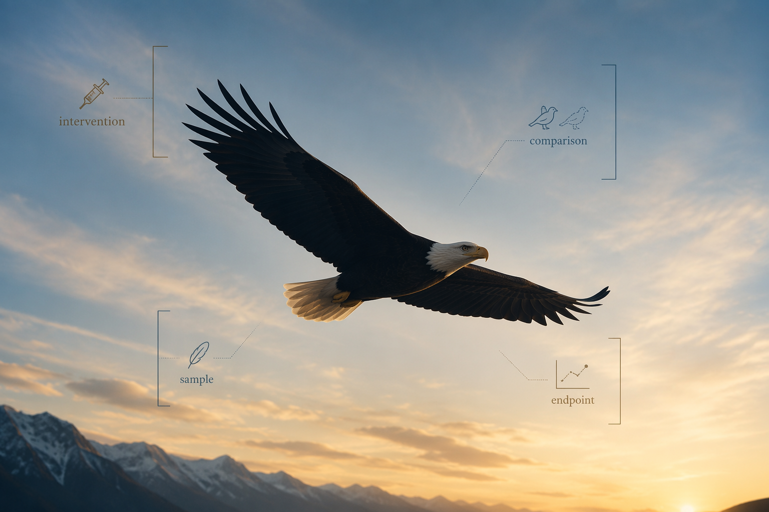 Bald eagle in flight with research passage annotations for intervention, comparison, endpoint, and sample limits
