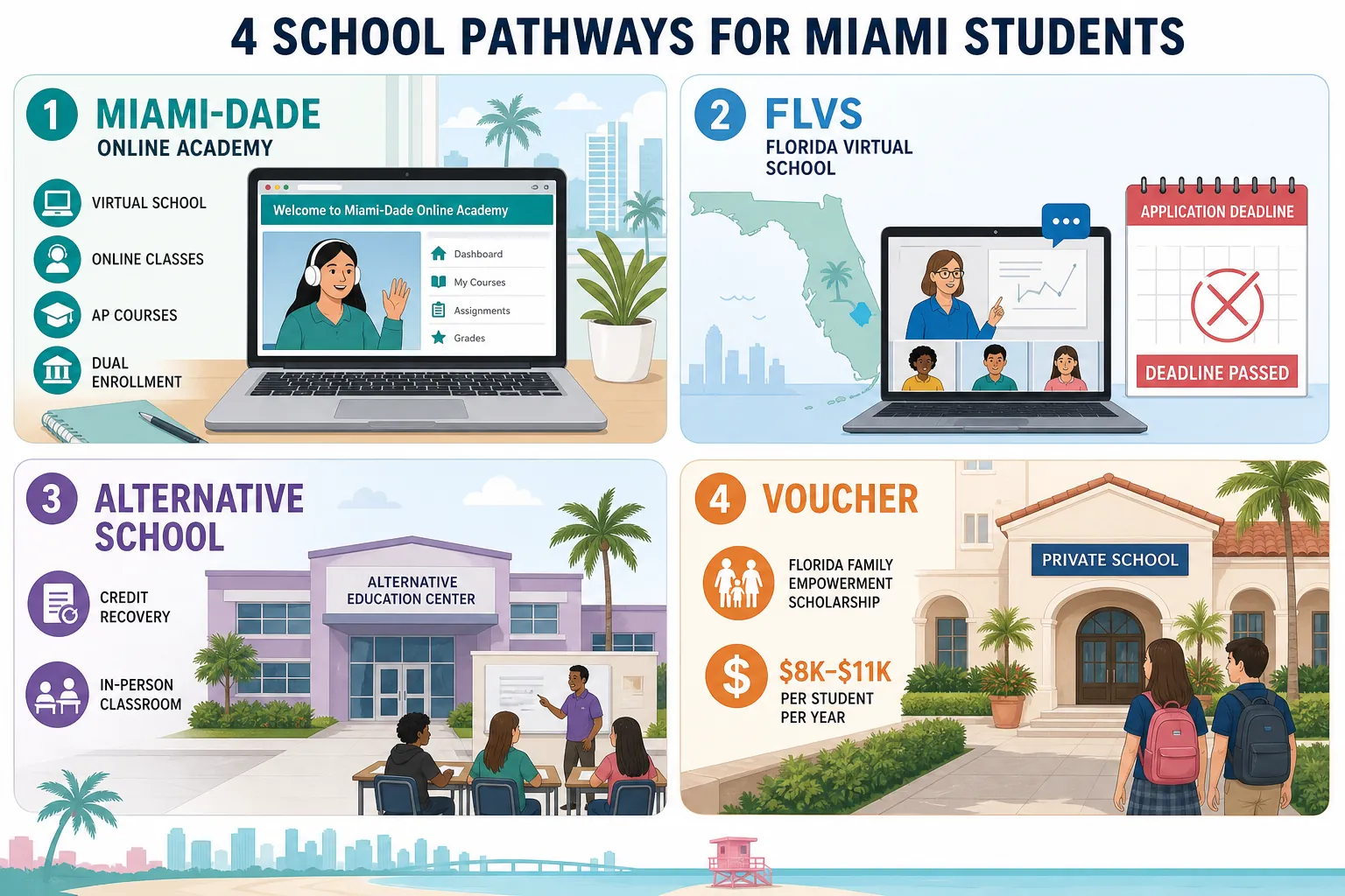 Four-panel comparison of Miami-Dade Online Academy, FLVS, tuition-free alternative schools, and voucher private school options
