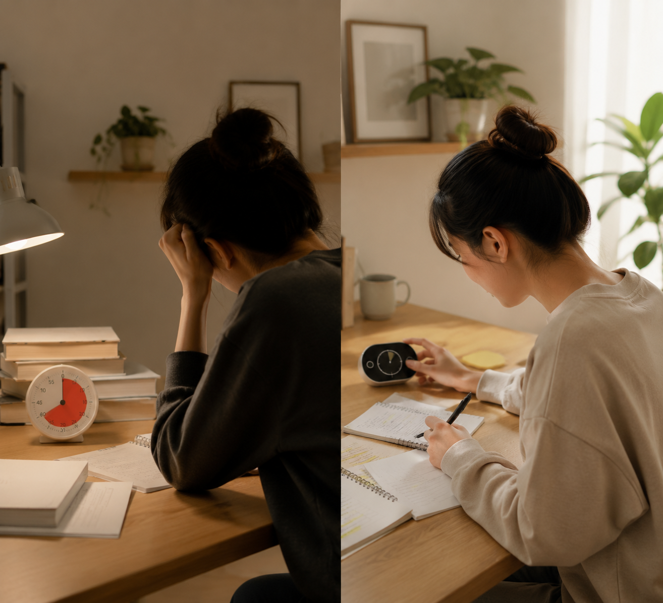 A frustrated student facing a rigid timer contrasted with the same student calmly adjusting a flexible study timer