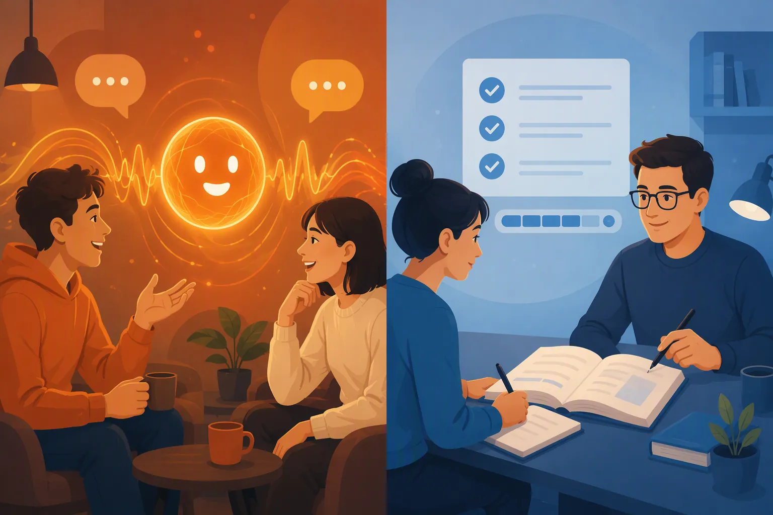 Fast AI voice conversation contrasted with structured language tutoring