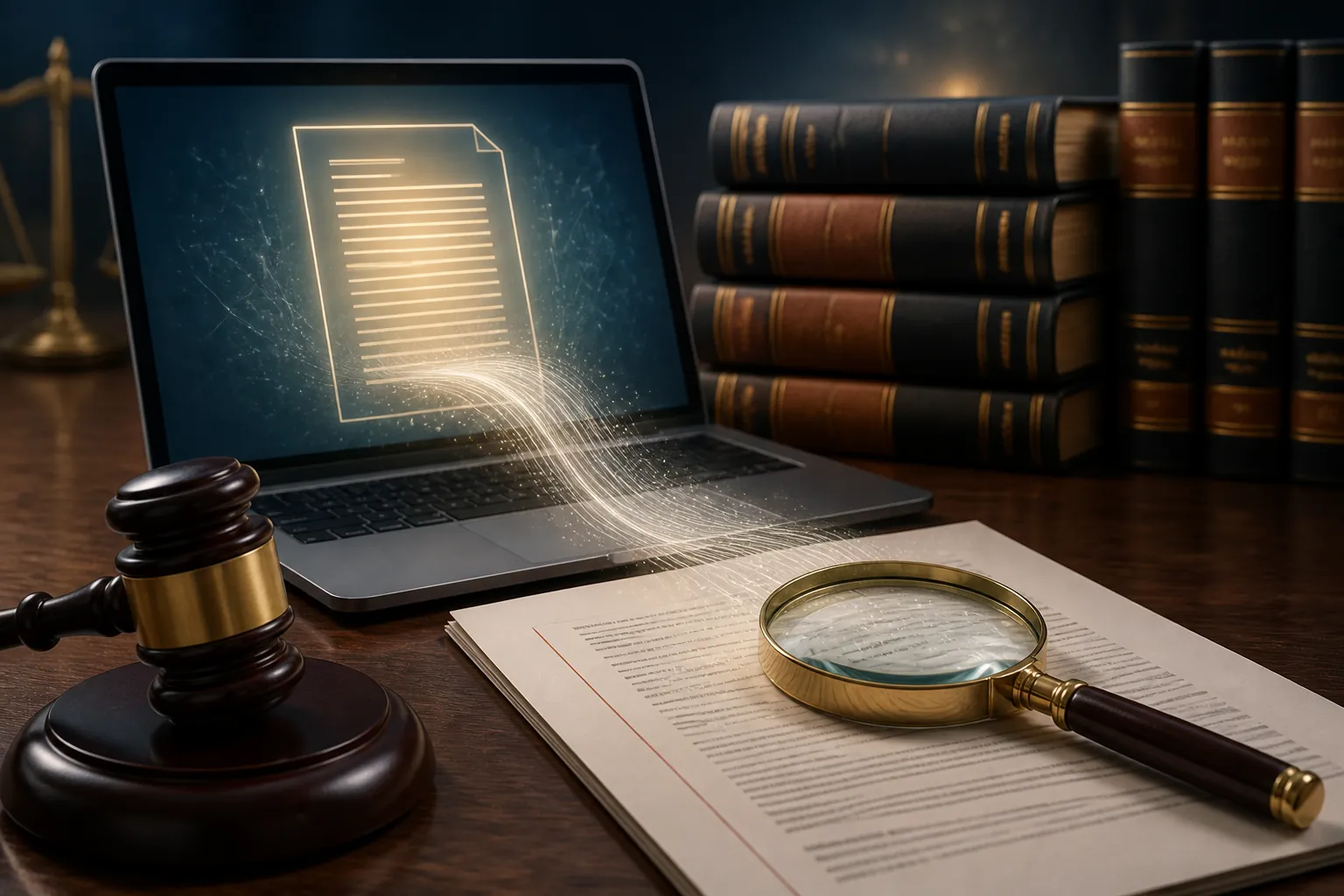 Judge's gavel, laptop, printed legal filing, and magnifying glass showing verification of AI-generated legal work