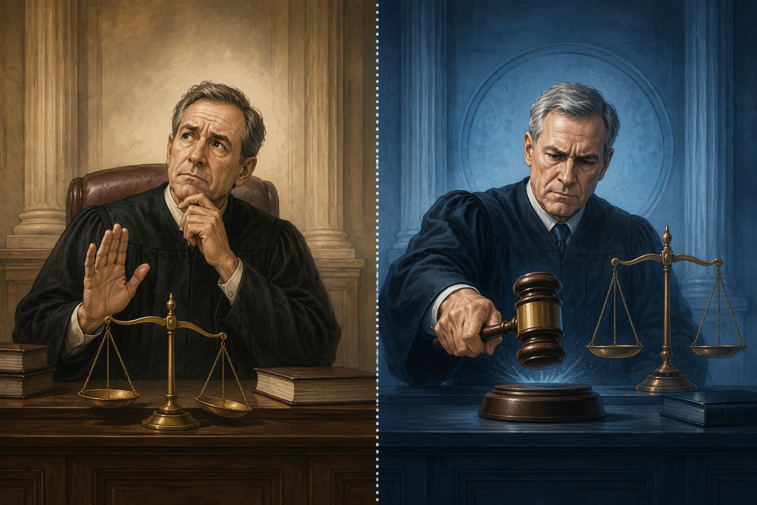 Split illustration contrasting discretionary judicial authority with mandatory legal authority