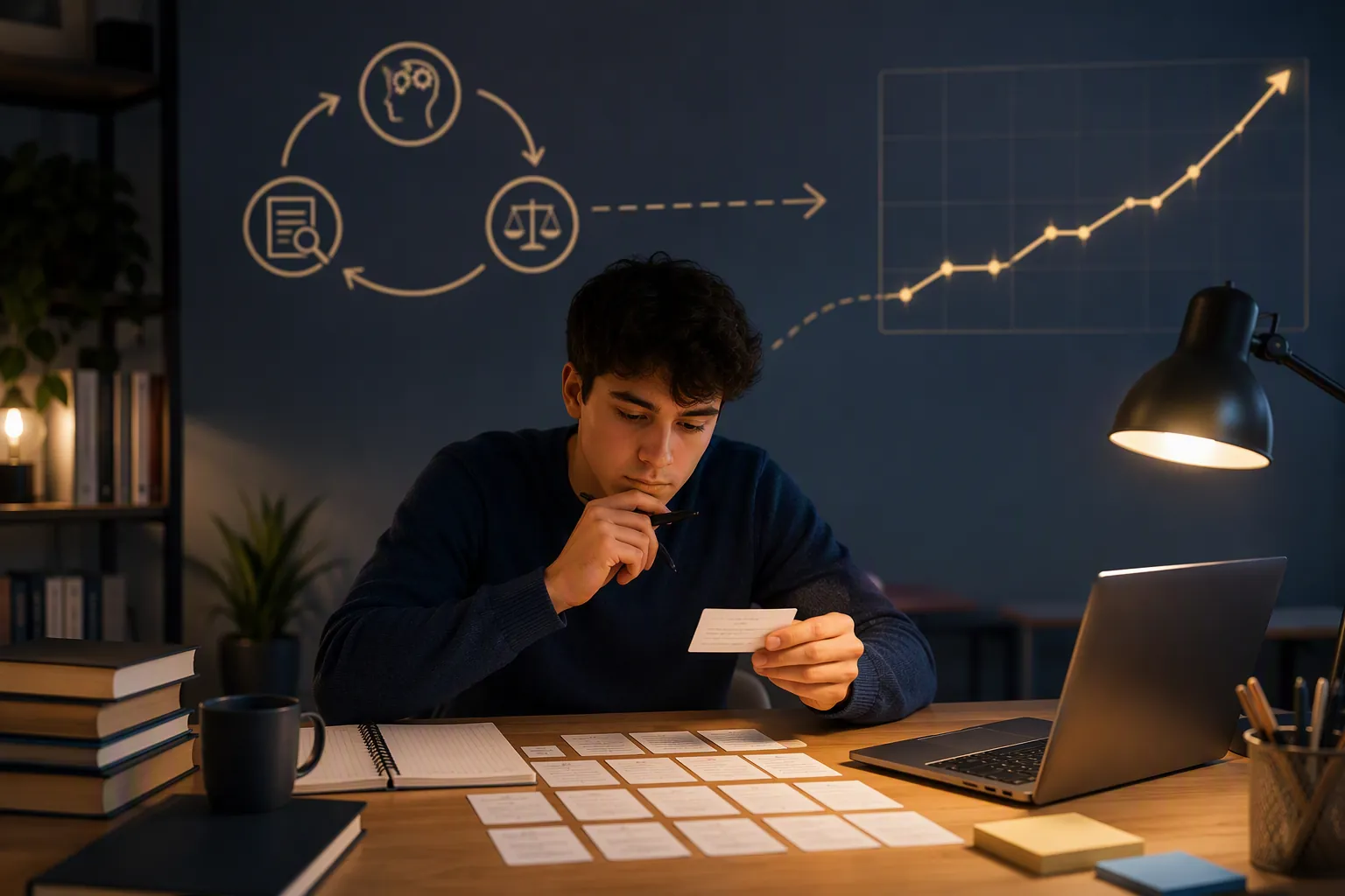 Student at a lamplit desk weighing claim cards as evidence, with a practice loop rising into a performance line
