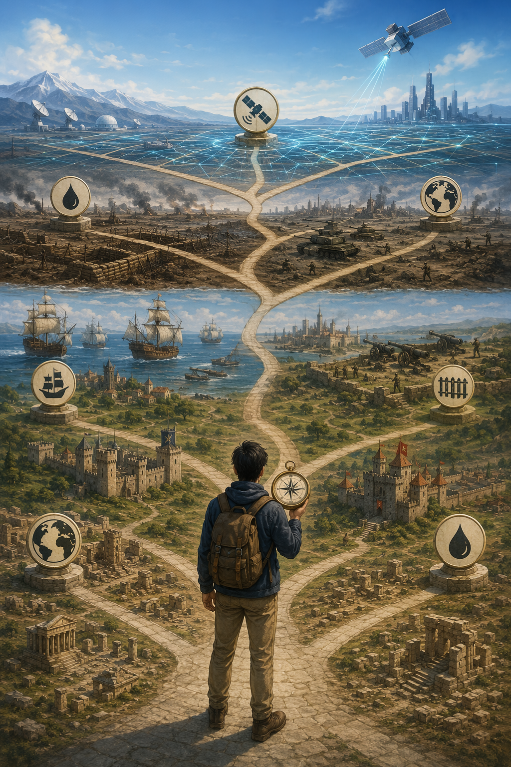 Student choosing among era, theme, and region paths on a map-like landscape of military history and geopolitics