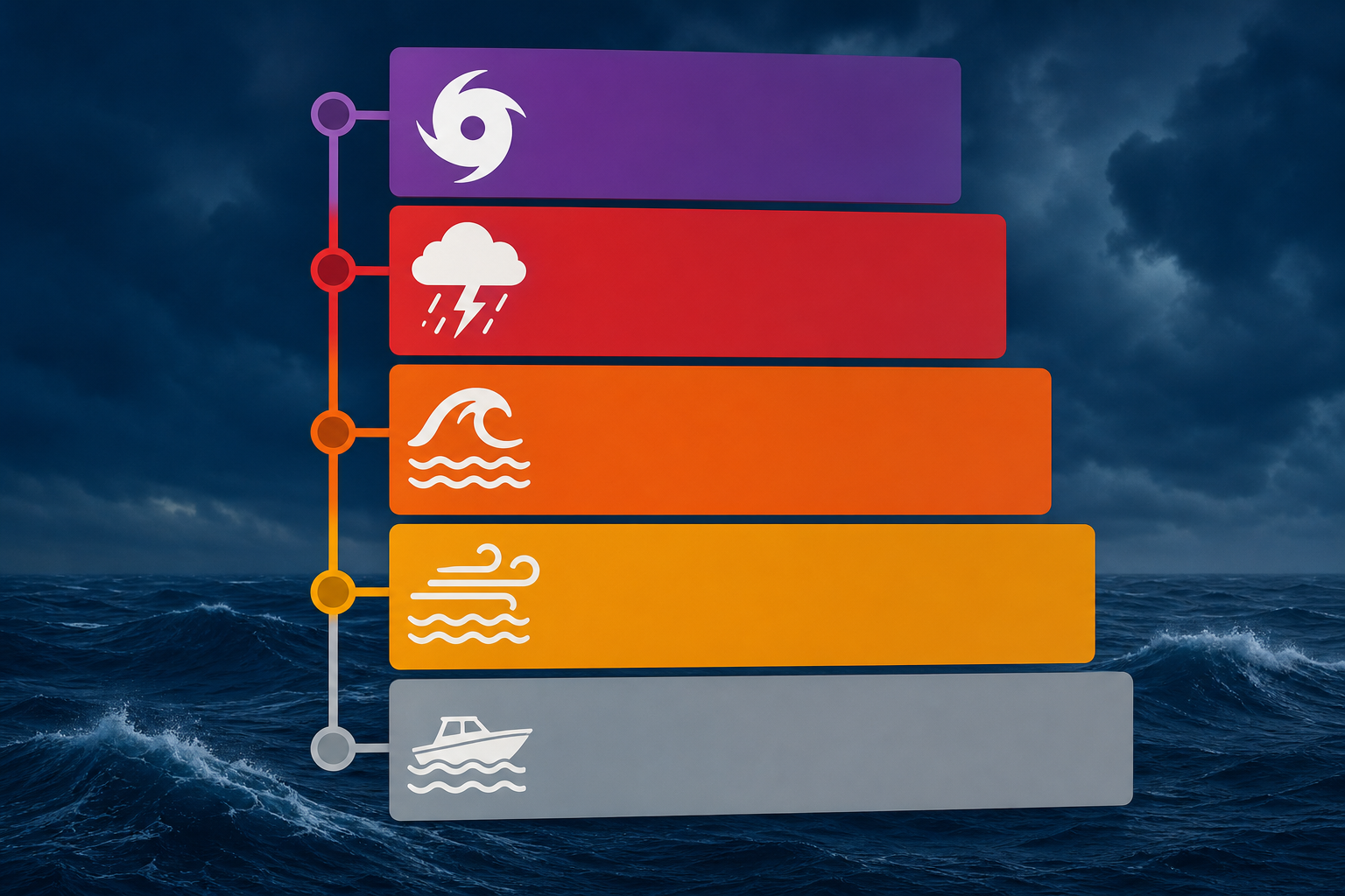 Marine alert hierarchy from Small Craft Advisory through Special Marine Warning, Gale Warning, Storm Warning, and Hurricane Force Wind Warning