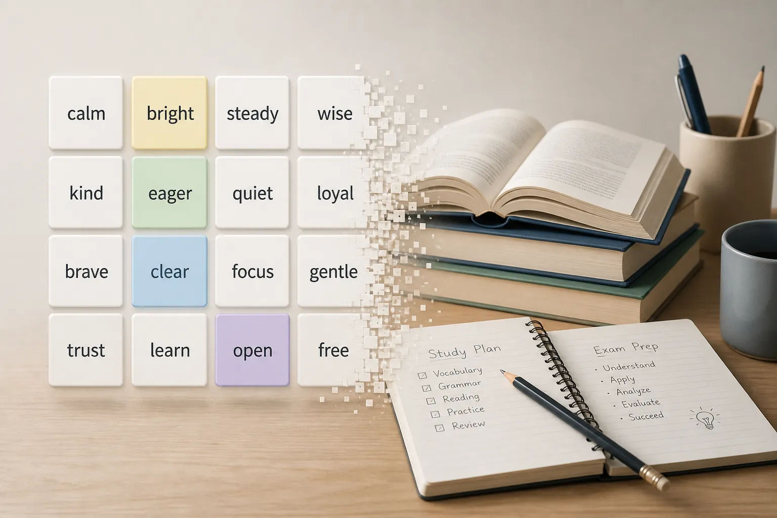A 4x4 grid of word tiles dissolving into books, a pencil, and a notebook on a desk
