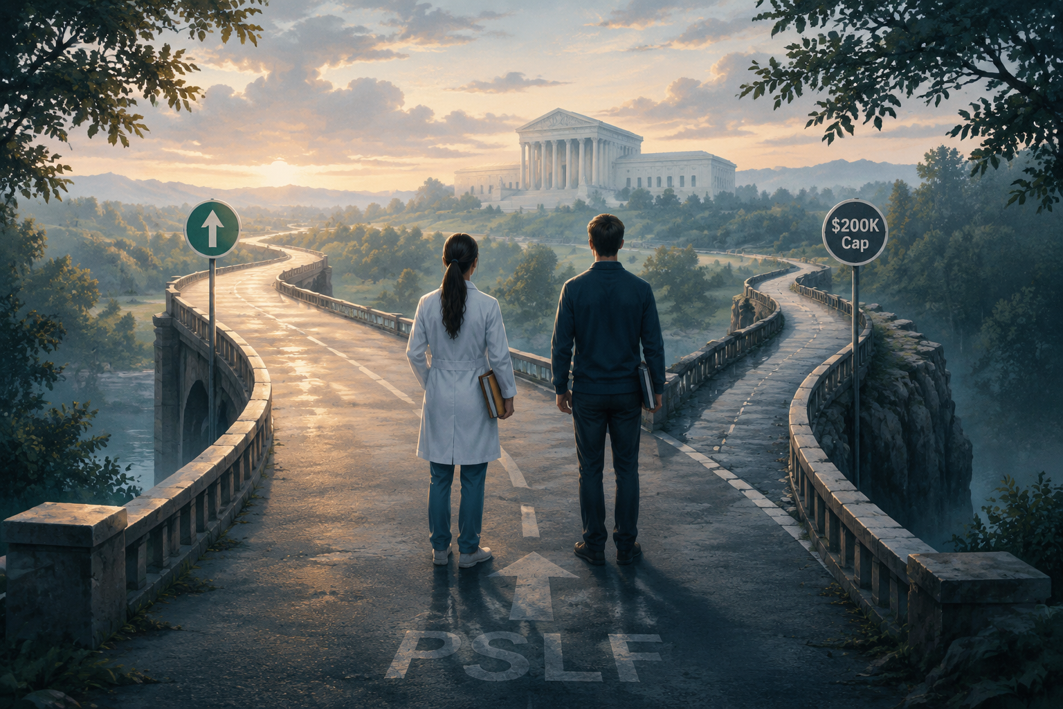 Medical and law students on a split path with a PSLF marker, courthouse silhouette, and a visible $200K cap barrier ahead.