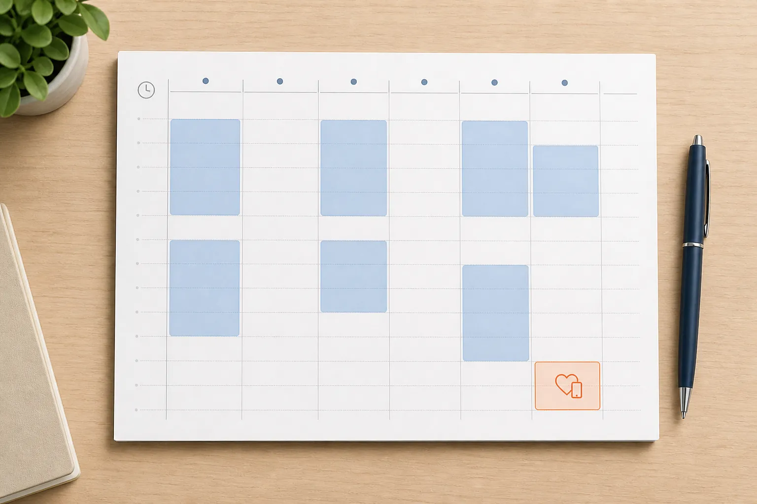 Weekly planner with protected blue study blocks and one separate orange dating app time block